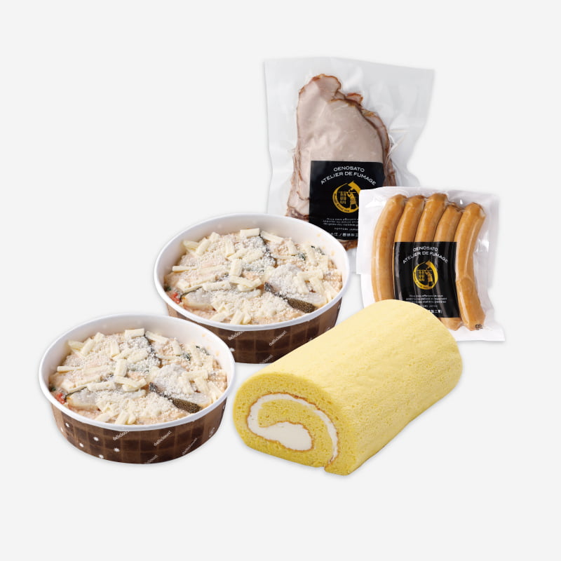 蟹と真鱈のグラタンに無添加ソーセージやスイーツのロールケーキも詰め合わせ