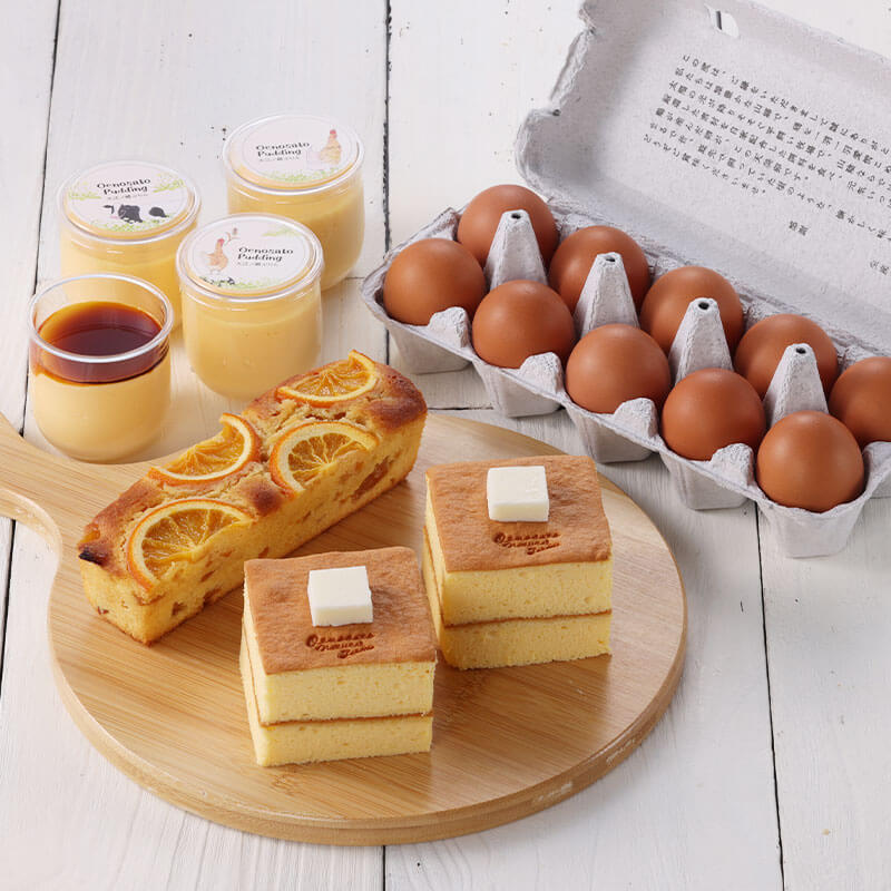 天美卵、トロピカルミニパウンドケーキ、大江ノ郷ぷりん、パンケーキのケーキをセットにしてお届け