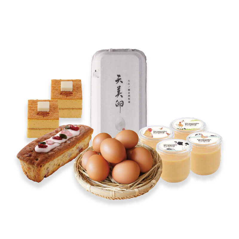 ふわっと桜の香りが広がるミニパウンドケーキに、温めて食べるパンケーキのケーキ、大江ノ郷ぷりんと天美卵を詰め合わせ