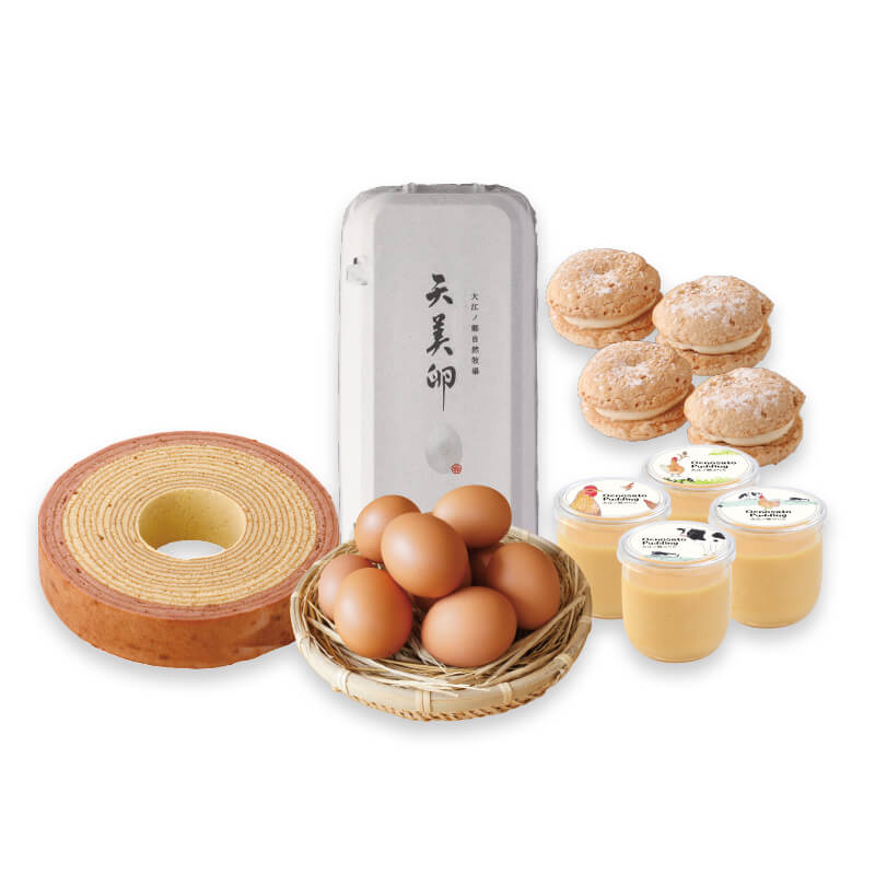 春限定の苺を使った甘酸っぱいバウムクーヘンとダックワーズに大江ノ郷ぷりん、天美卵を詰め合わせ