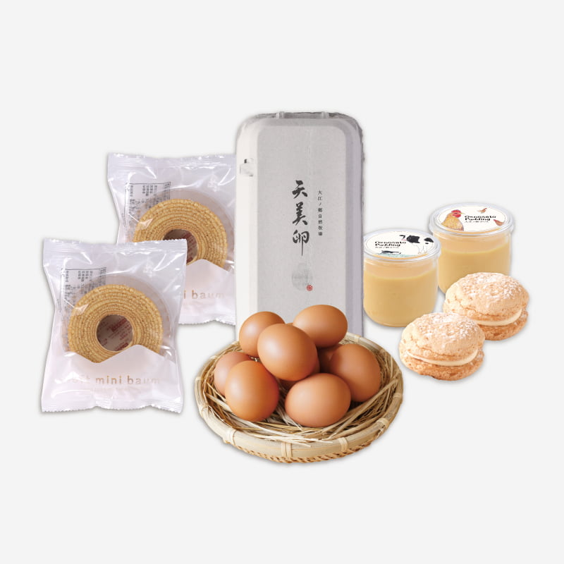 春限定の苺を使ったダックワーズに大江ノ郷ぷりん、やわらかミニバウム、朝採れ新鮮な天美卵を詰め合わせた送料込みセット
