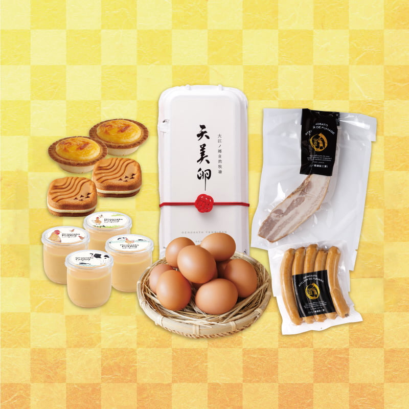水引きパックの天美卵に、燻製からスイーツまでちょっとずつお楽しみいただけるような詰め合わせです