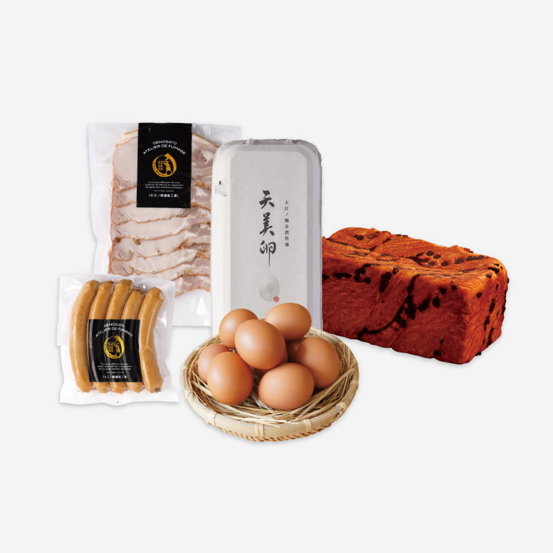 季節限定のショコラデニッシュをはじめ、自家製のソーセージやハム、新鮮な天美卵をご一緒に。