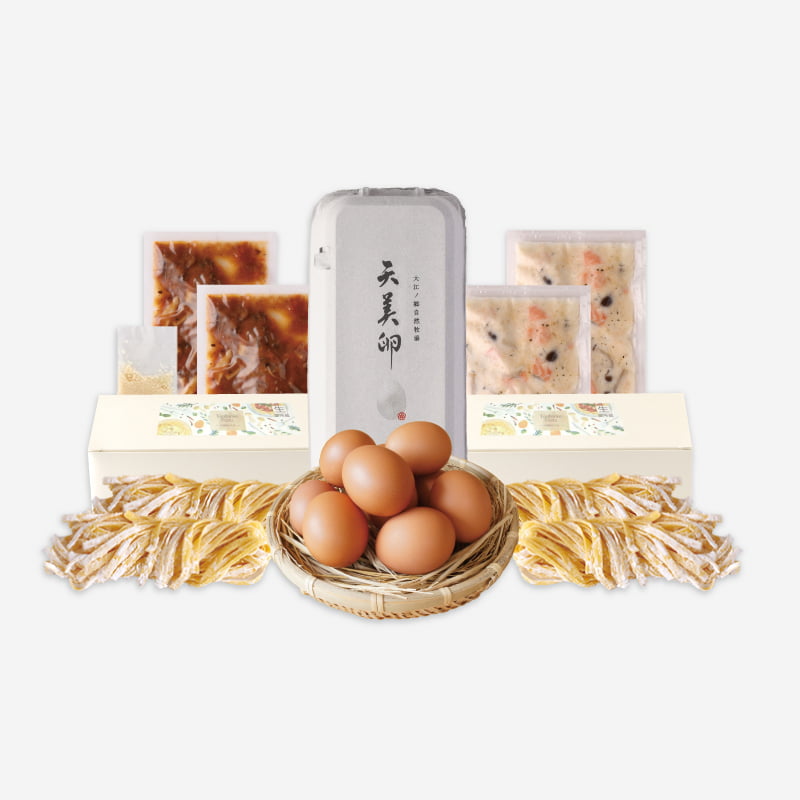 境港サーモンのクリームパスタと鳥取和牛の牛すじラグーパスタの2種類に天美卵を詰め合わせ