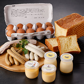 ぷりん2種と牧場自慢の燻製商品、バター香るデニッシュブレッドなど、たっぷり詰め合わせ♪