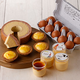 春限定の春摘み苺バウムに、大江ノ郷ぷりん、大江ノ郷タルト、朝採れ新鮮な天美卵を詰め合わせた送料込みセット