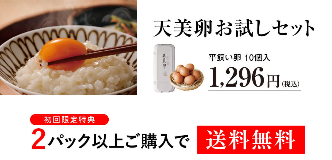 平飼い卵の「天美卵お試しセット」1パック（10個入）税込1296円。初回限定特典として2パック以上ご購入で送料無料。