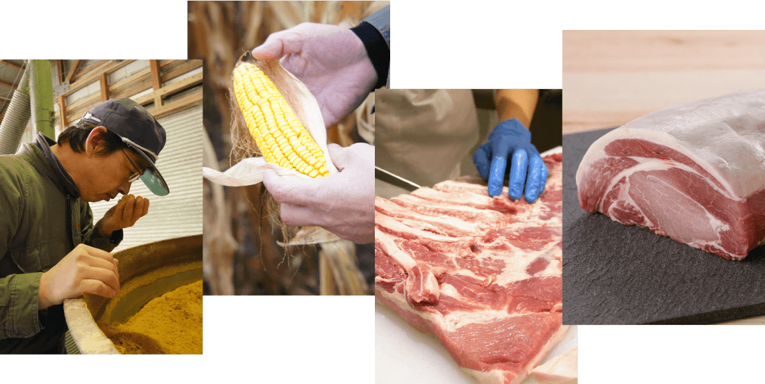 米ぬかや国産トウモロコシなどの飼料を与えて産まれる天美卵や、国産豚で作るベーコンやソーセージ