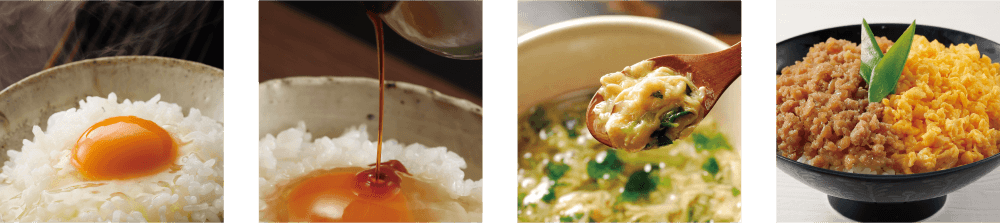 天美卵、たまごかけご飯専用醤油、たまごスープ、懐かしの鶏そぼろ