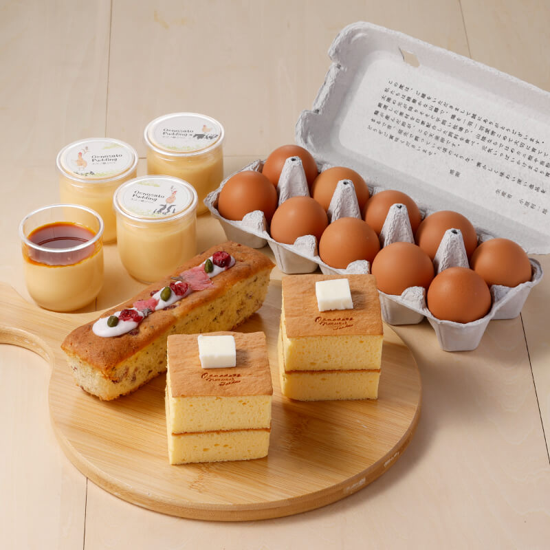 春限定のさくらのミニパウンドケーキに、温めて食べるパンケーキのケーキや大江ノ郷ぷりん、朝採れ新鮮な天美卵を詰め合わせた送料込みセット