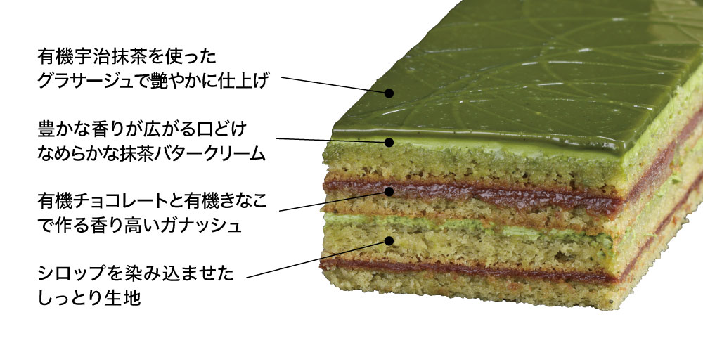 洋酒入りシロップを染み込ませた生地に、抹茶バタークリームと有機チョコレートと有機きなこで仕立てたガナッシュを交互に重ねたオペラケーキ